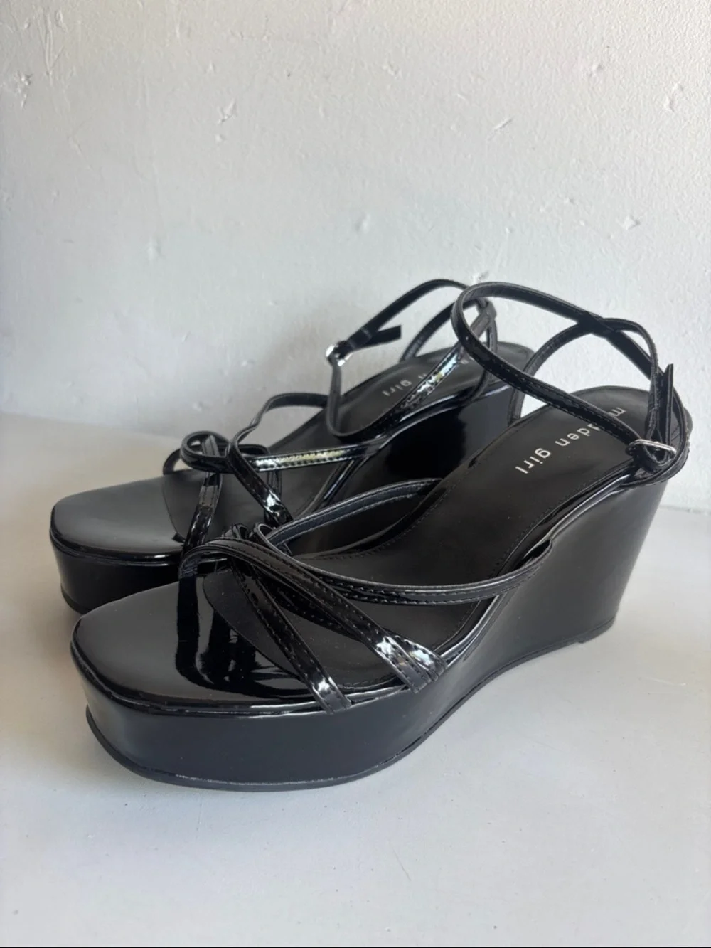 Madden Girl Mya Black Patent Wedge Sandals
